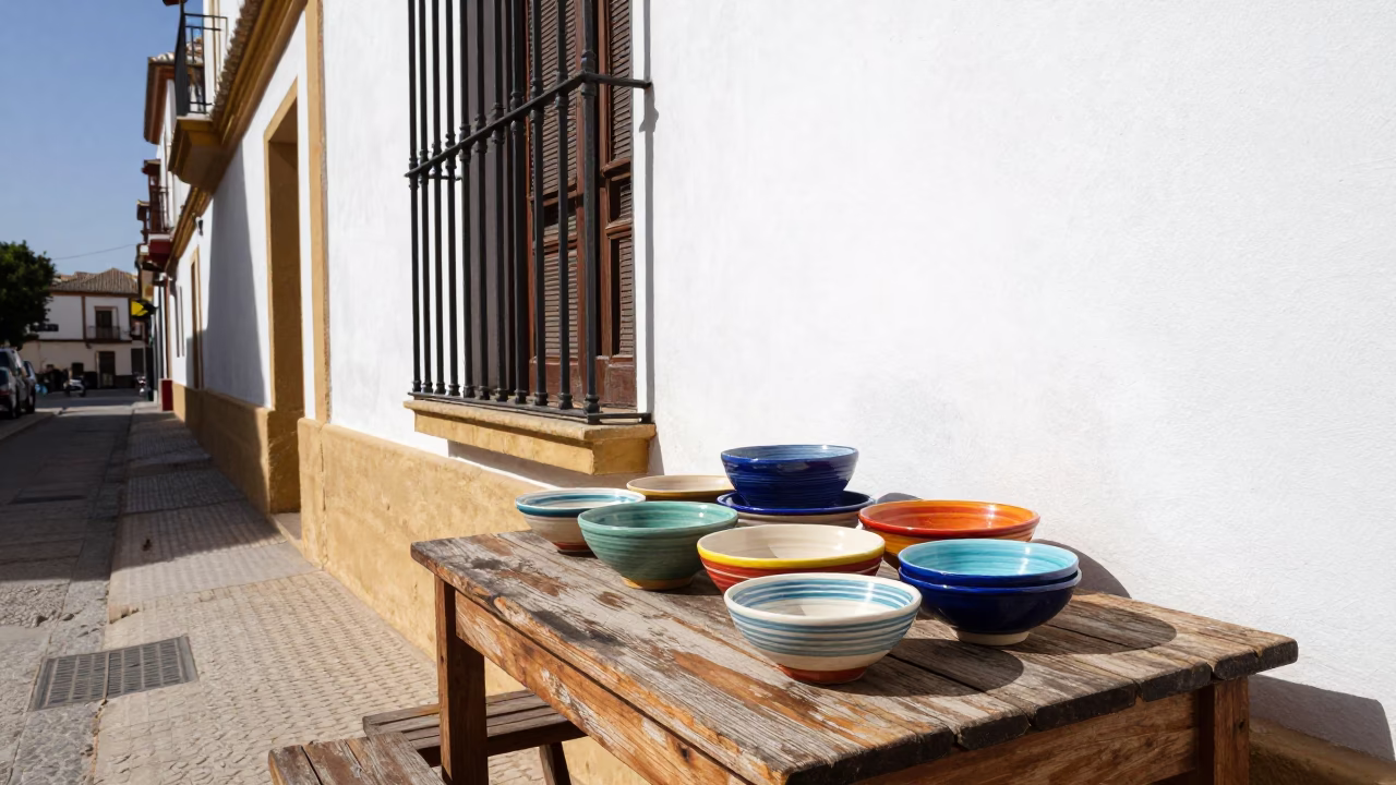 Seville Spain Noon Light Ceramic Serving Bowls on Iron Balcony in in Seville, Spain