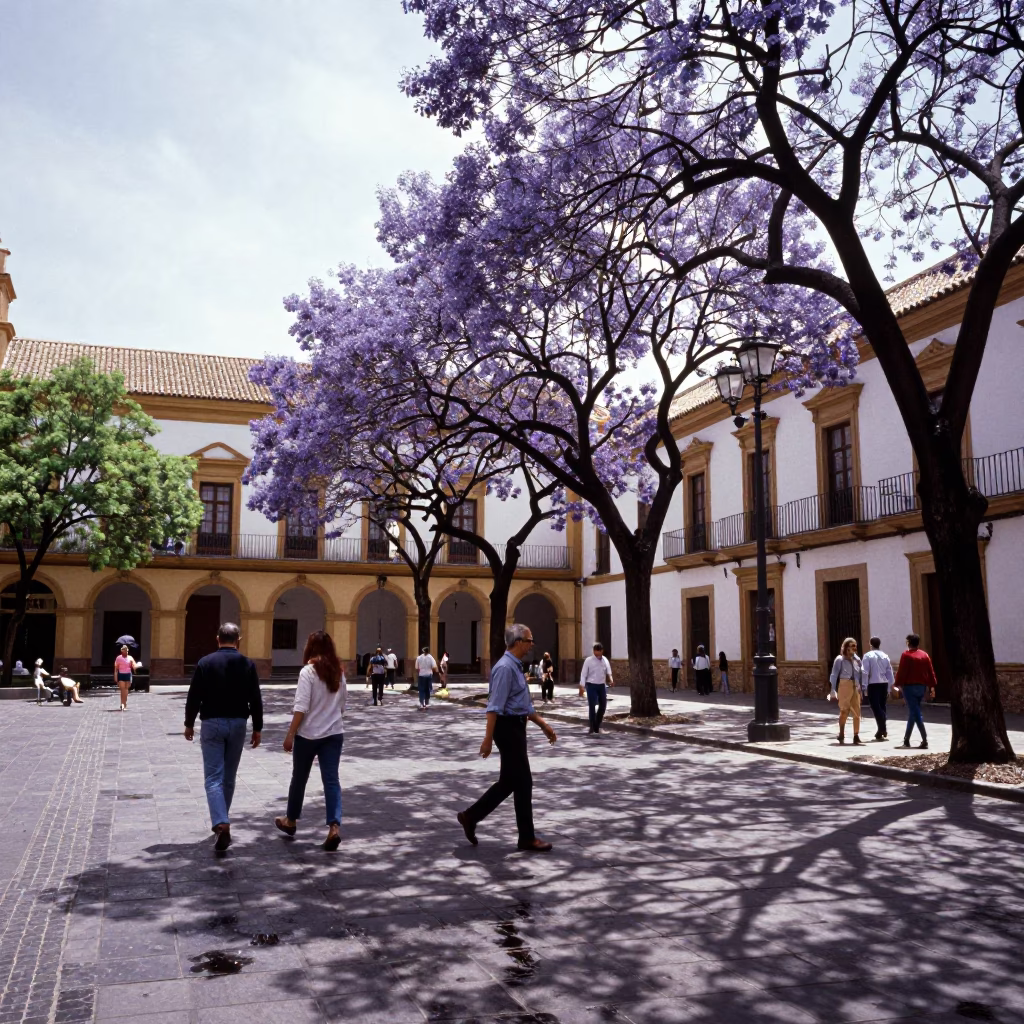 Seville Spain Noon Light Jacaranda Tree Purple Bloom Street Scene in in Seville, Spain