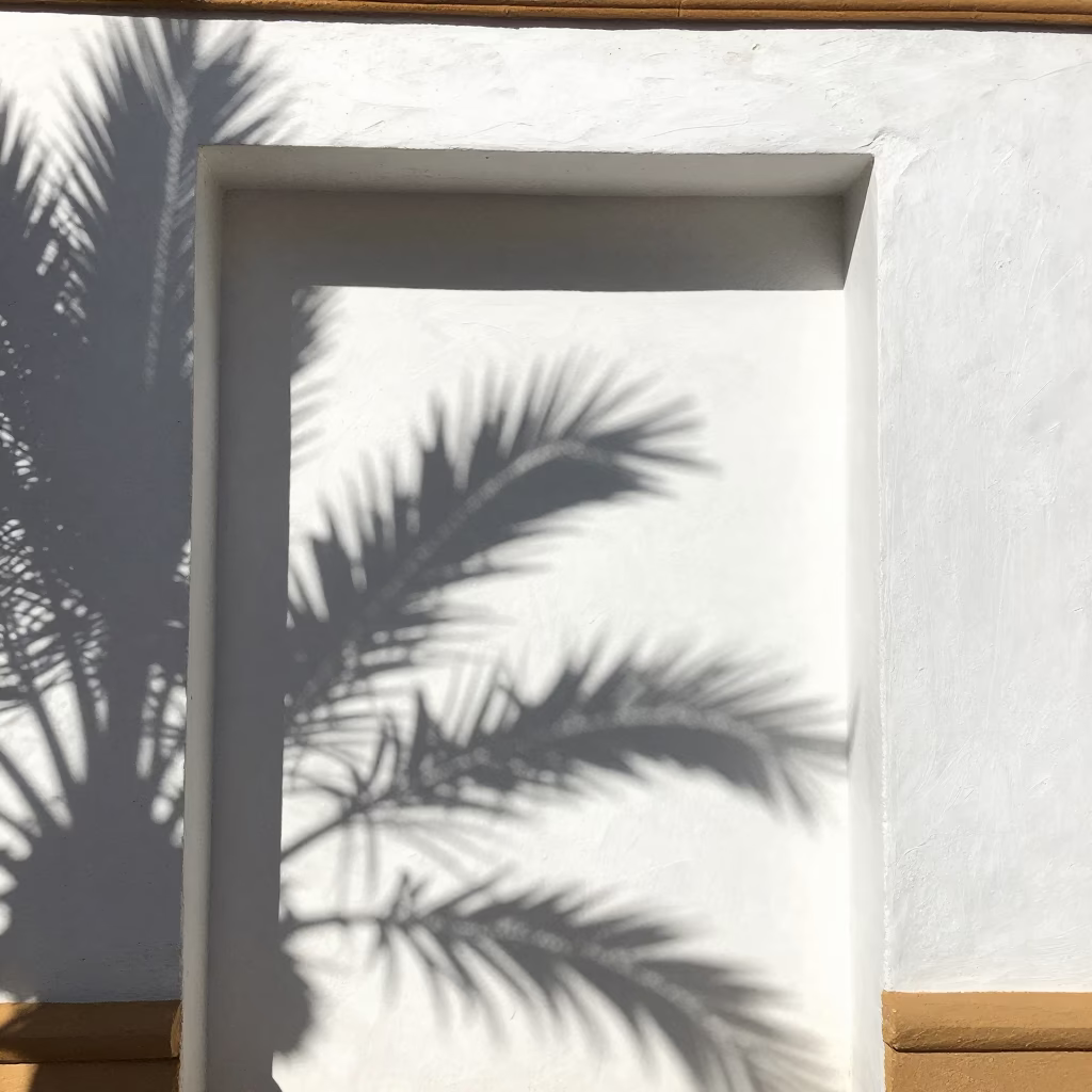 Seville Spain Noon Light Leaf Shadows on White Doorframe And Street Scene in in Seville, Spain
