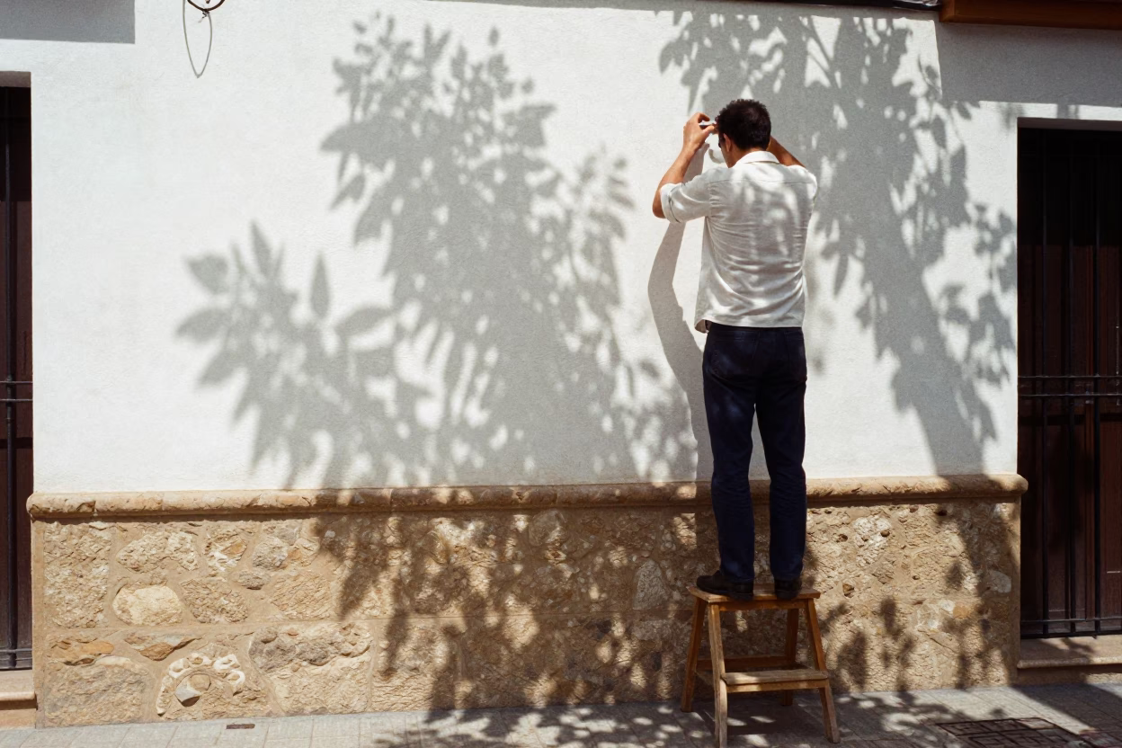 Seville Spain noon light leaf shadows plaster wall step stools suitcases cup tea tin in in Seville, Spain
