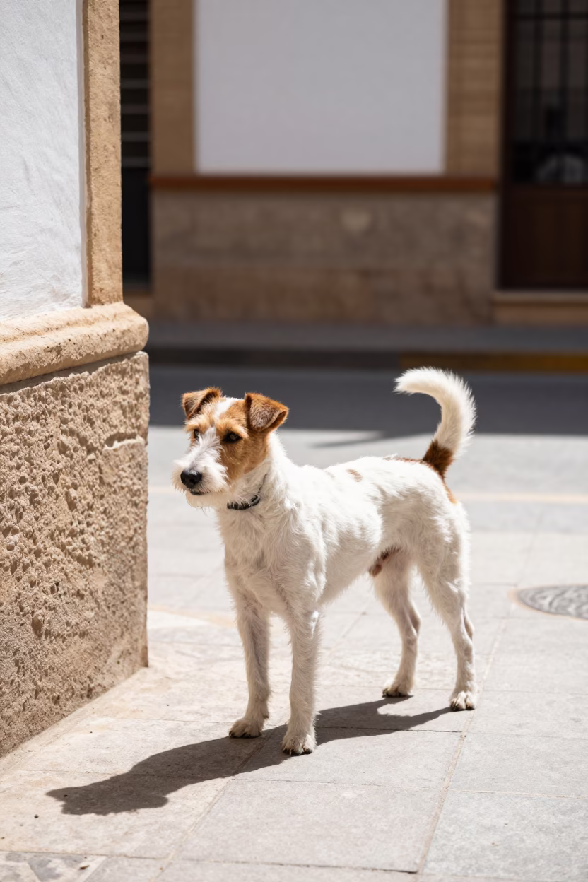 Seville Spain noon street scene with Smooth Fox Terrier and houseplants on balcony in in Seville, Spain