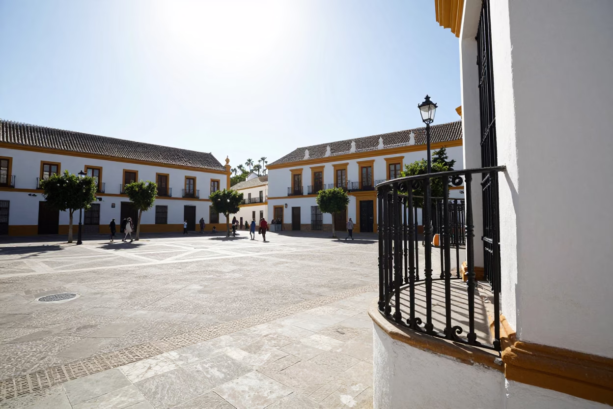 Seville Spain Noon Sunlight Historic Plaza with White Buildings and Iron Details in in Seville, Spain