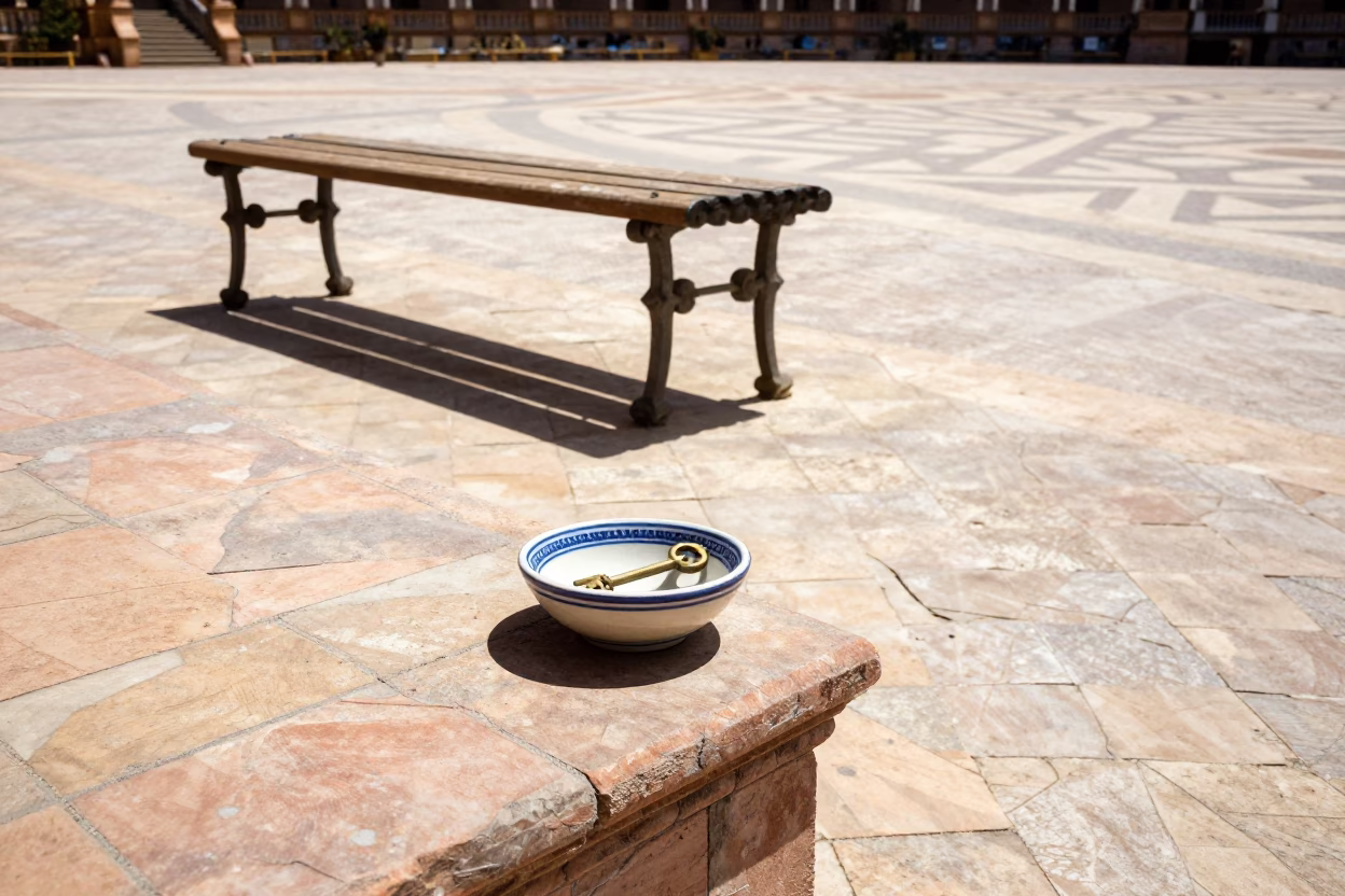 Seville Spain noon sunlight key bowl and tiled plaza street scene in in Seville, Spain