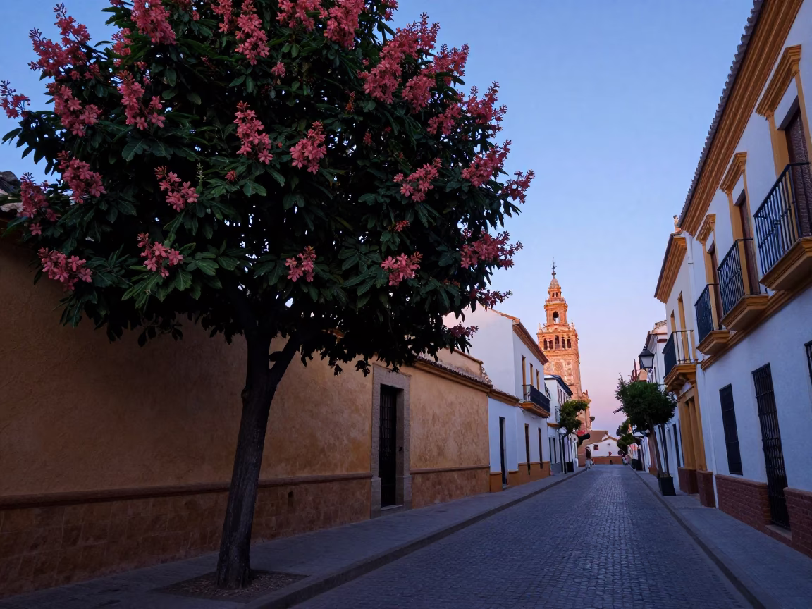 Seville Spain Pre-Dawn Street Scene with Chestnut Tree and Local Morning Routine in in Seville, Spain