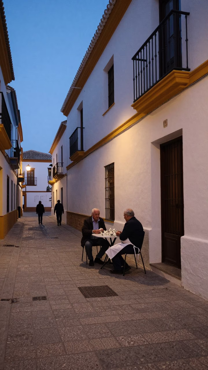 Seville Spain Pre-Dawn Street Scene with Dominoes and Apron in Early Morning Light in in Seville, Spain