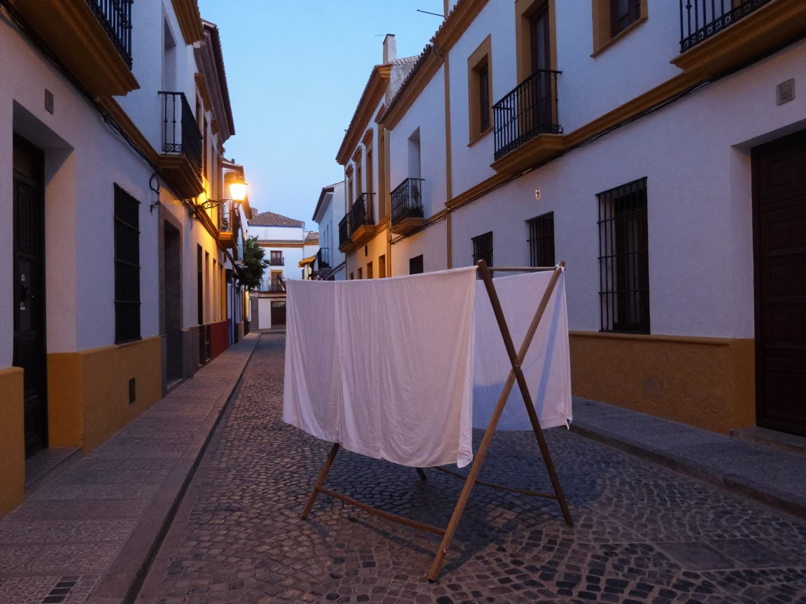 Seville Spain pre-dawn street scene with drying rack and colorful tiles in in Seville, Spain
