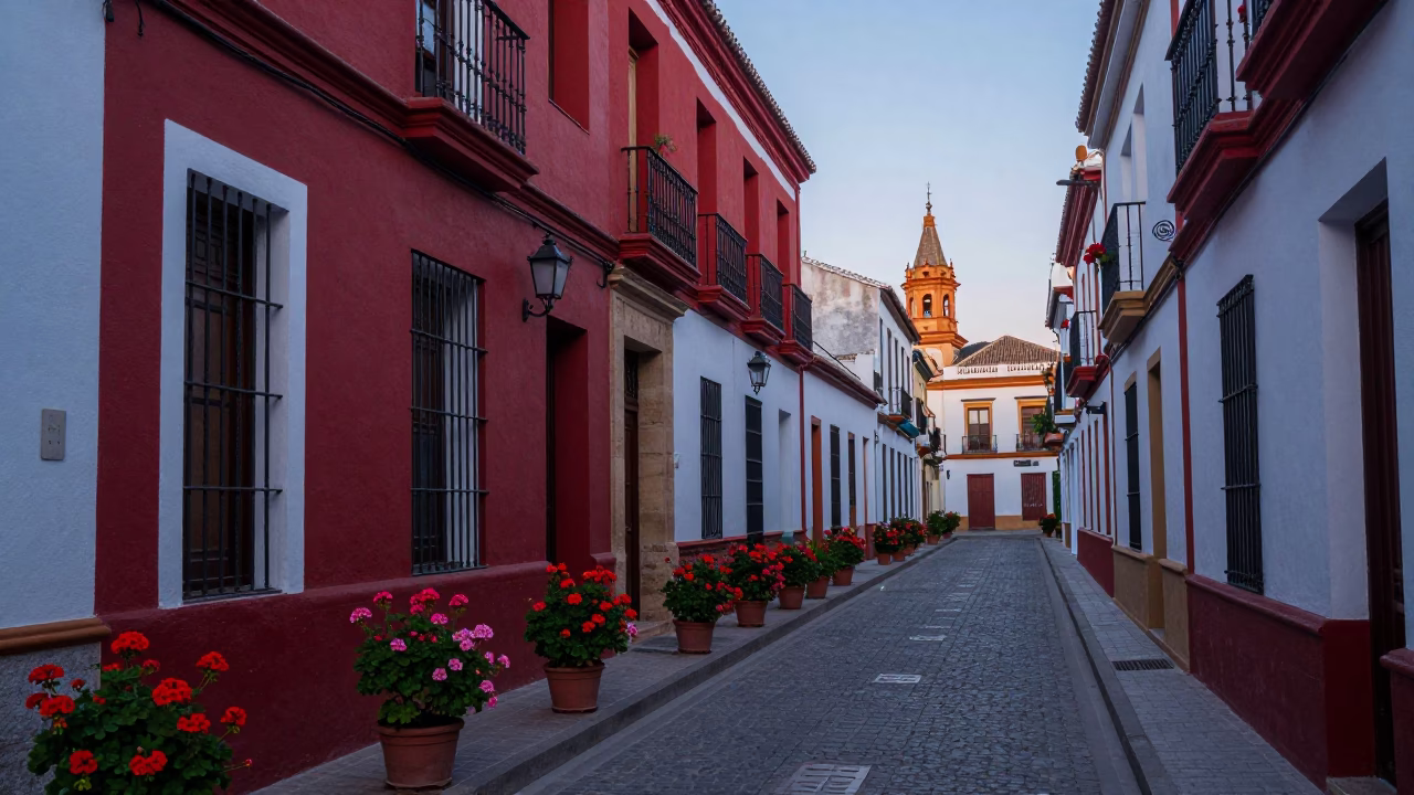 Seville Spain Pre-Dawn Street Scene With Geraniums And Early Morning Activity in in Seville, Spain