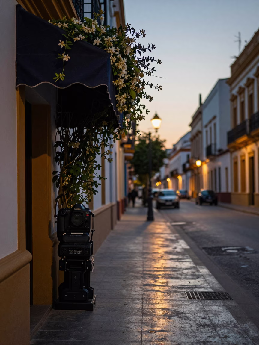Seville Spain Pre-Dawn Street Scene With Hotel Awning And Jasmine Trellis in in Seville, Spain