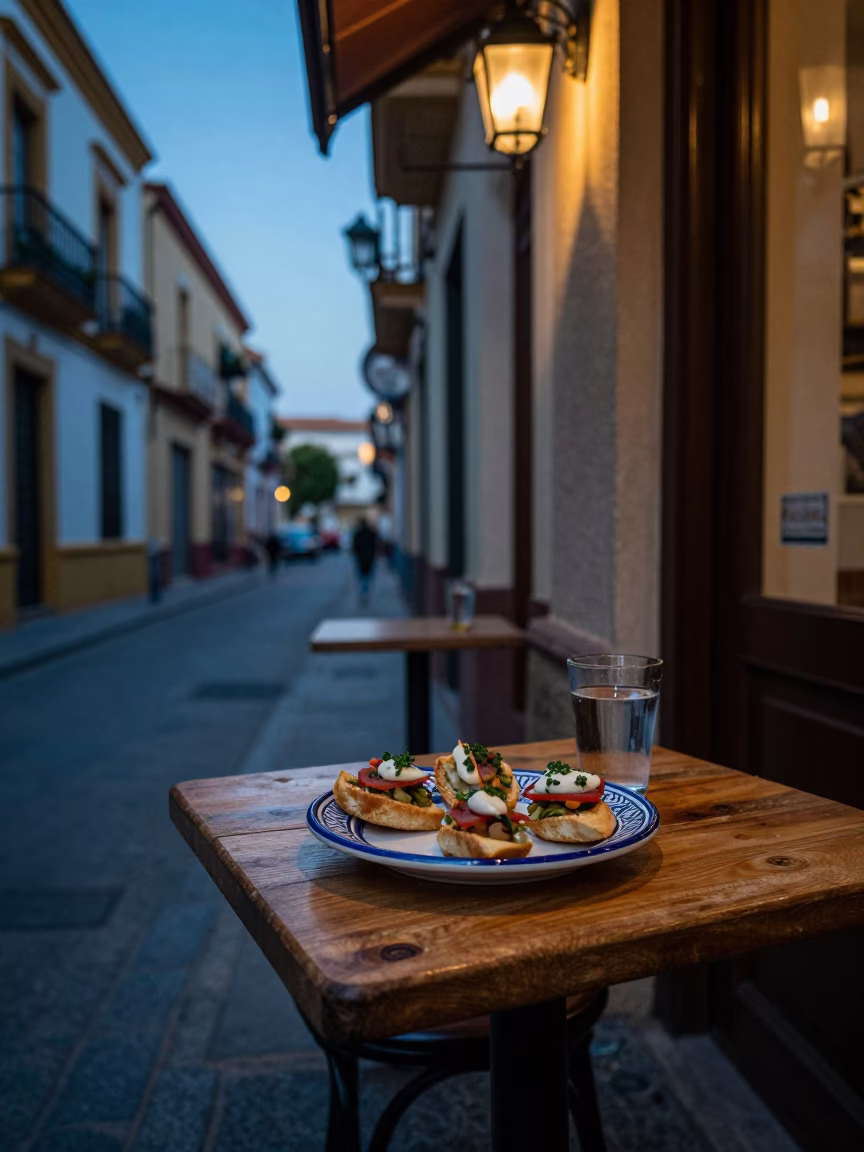 Seville Spain Pre-Dawn Street Scene With Local Pintxos And Water Glass in in Seville, Spain