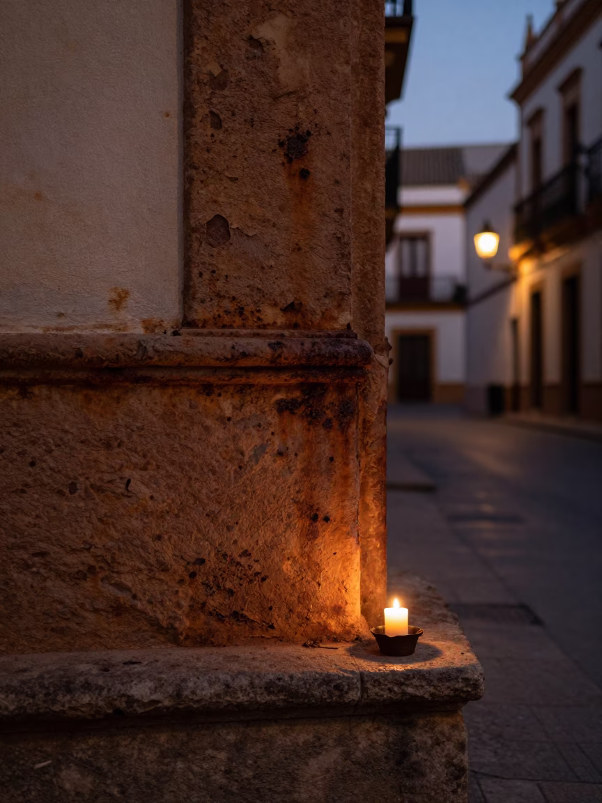 Seville Spain pre-dawn street scene with rusted wall and candle holder in in Seville, Spain
