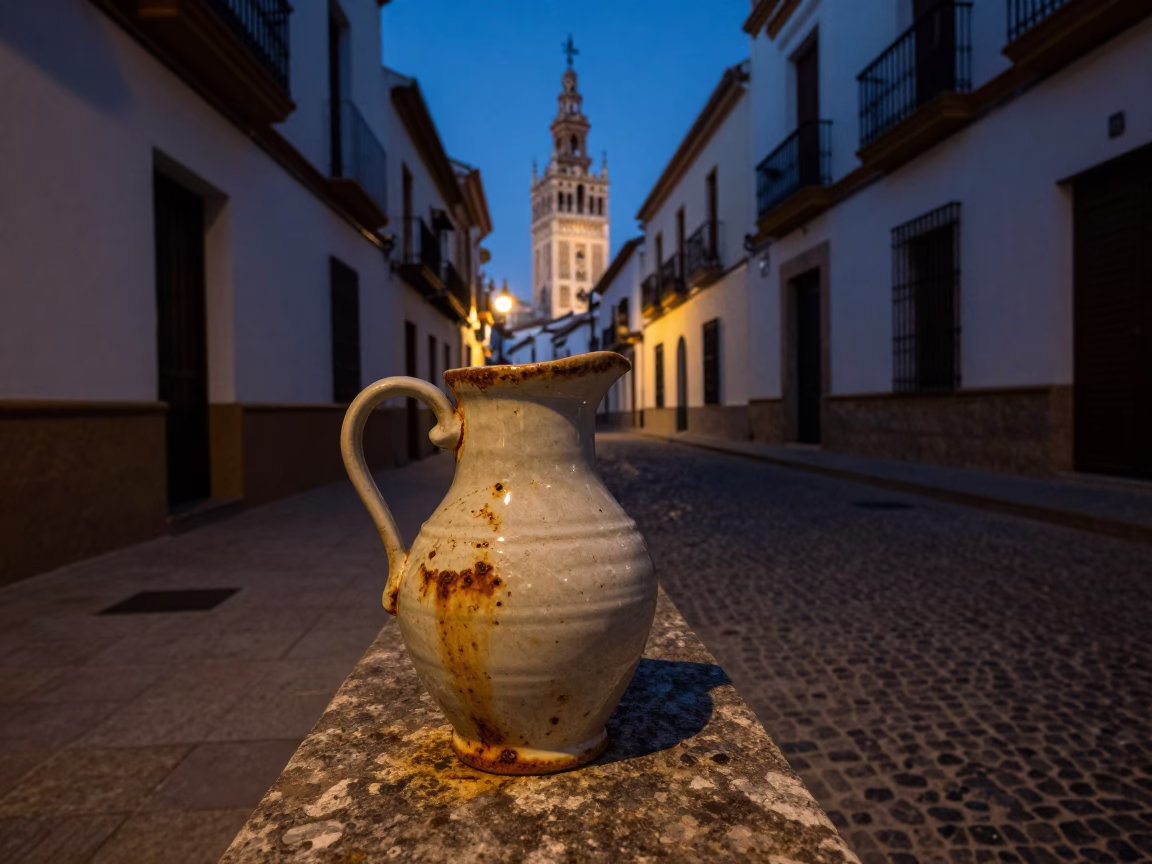Seville Spain Predawn Street Scene with Ceramic Pitcher and Rusty Grout Details in in Seville, Spain