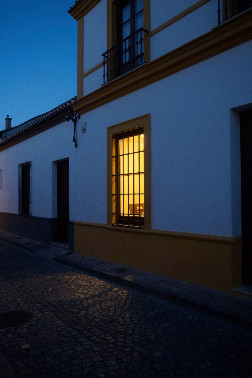 Seville Spain Predawn Street Scene With Glowing Window And Quiet Urban Morning Atmosphere in in Seville, Spain