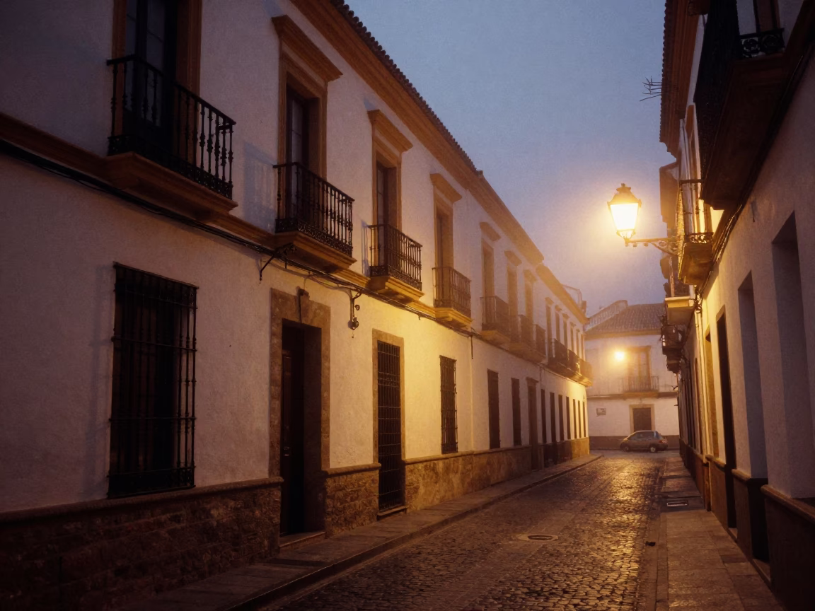 Seville Spain Predawn Street Scene with Humid Air and Urban Architecture in in Seville, Spain