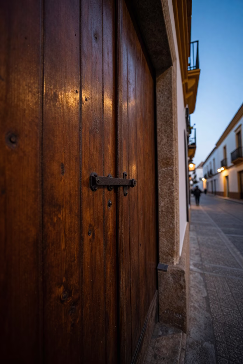 Seville Spain Predawn Street Scene with Latch Detail on Wooden Door in in Seville, Spain