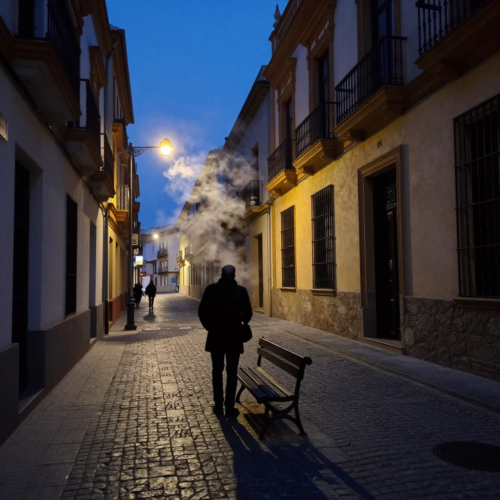 Seville Spain Predawn Street Scene With Steam And Urban Architecture in in Seville, Spain