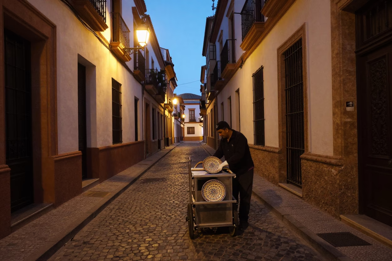 Seville Spain predawn street scene with traditional ceramic plate and umbrella stand in in Seville, Spain