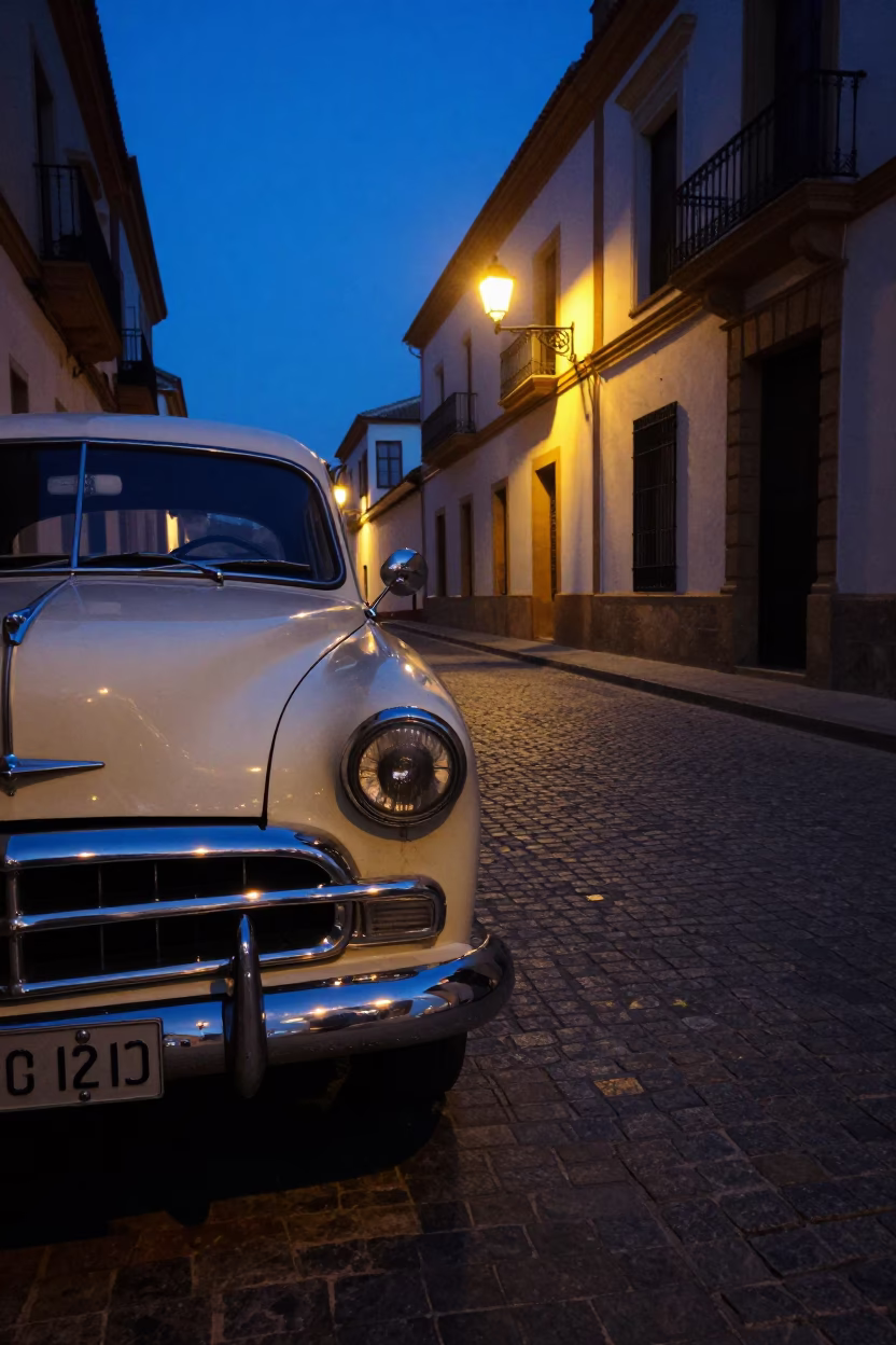 Seville Spain Predawn Street Scene With Vintage Car And Local Morning Ritual in in Seville, Spain