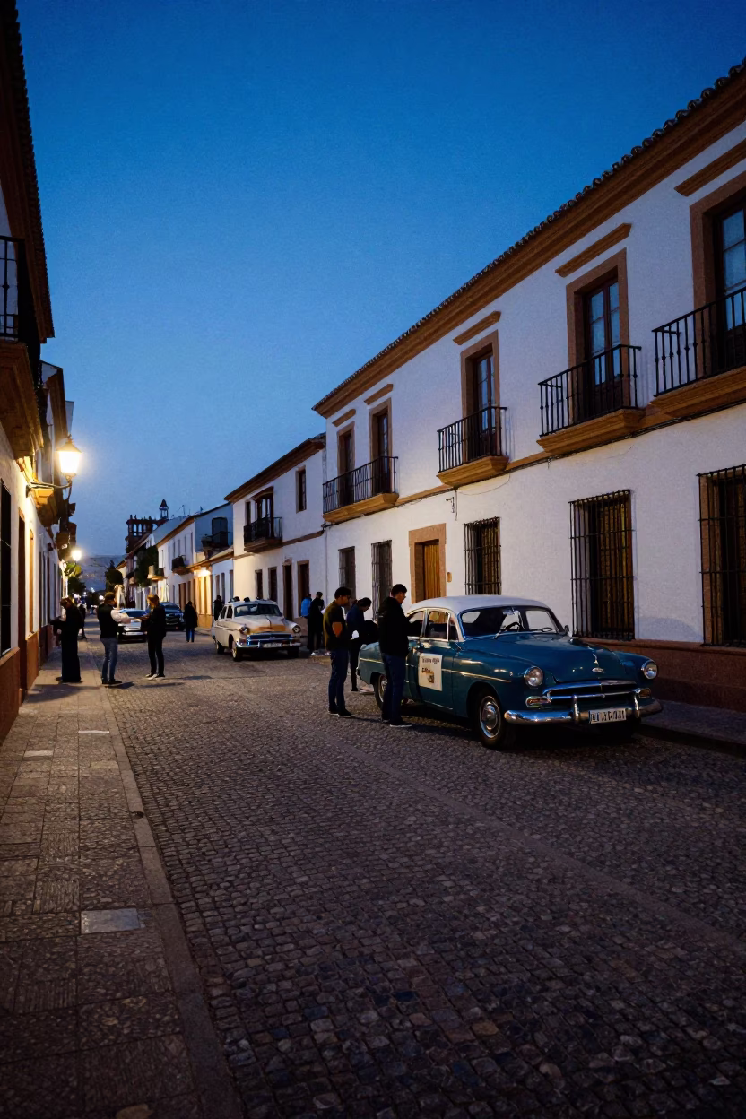 Seville Spain Predawn Street Scene with Vintage Car Rally Preparation and Local Bakery Supplies in in Seville, Spain