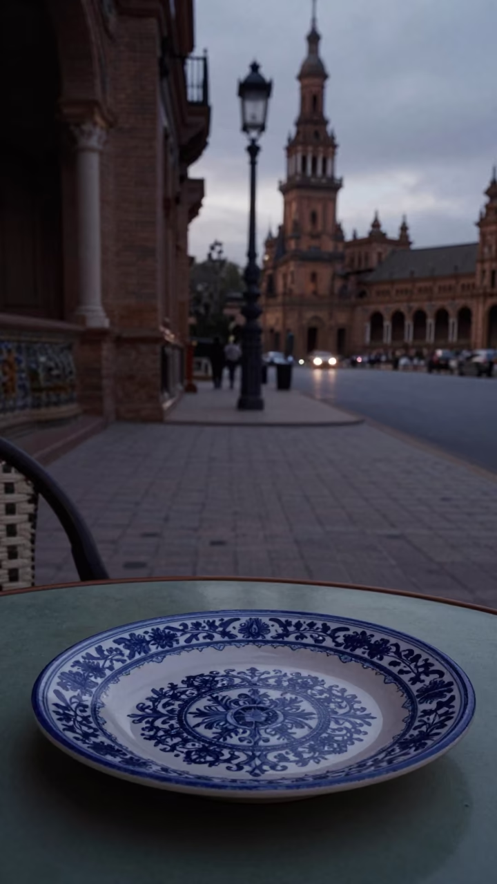 Seville Spain predawn street scene with vintage majolica plate and prayer plant in in Seville, Spain