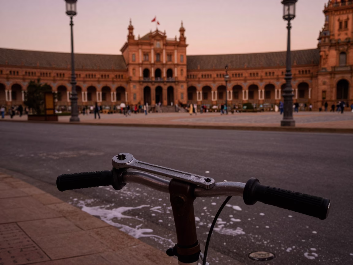 Seville Spain street corner dusk scene with soap residue and tools near historic plaza in in Seville, Spain