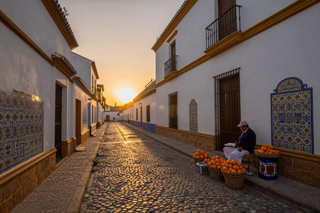 Seville Spain Street Scene at Dusk with Traditional Ceramics and Fruit Vendor in in Seville, Spain