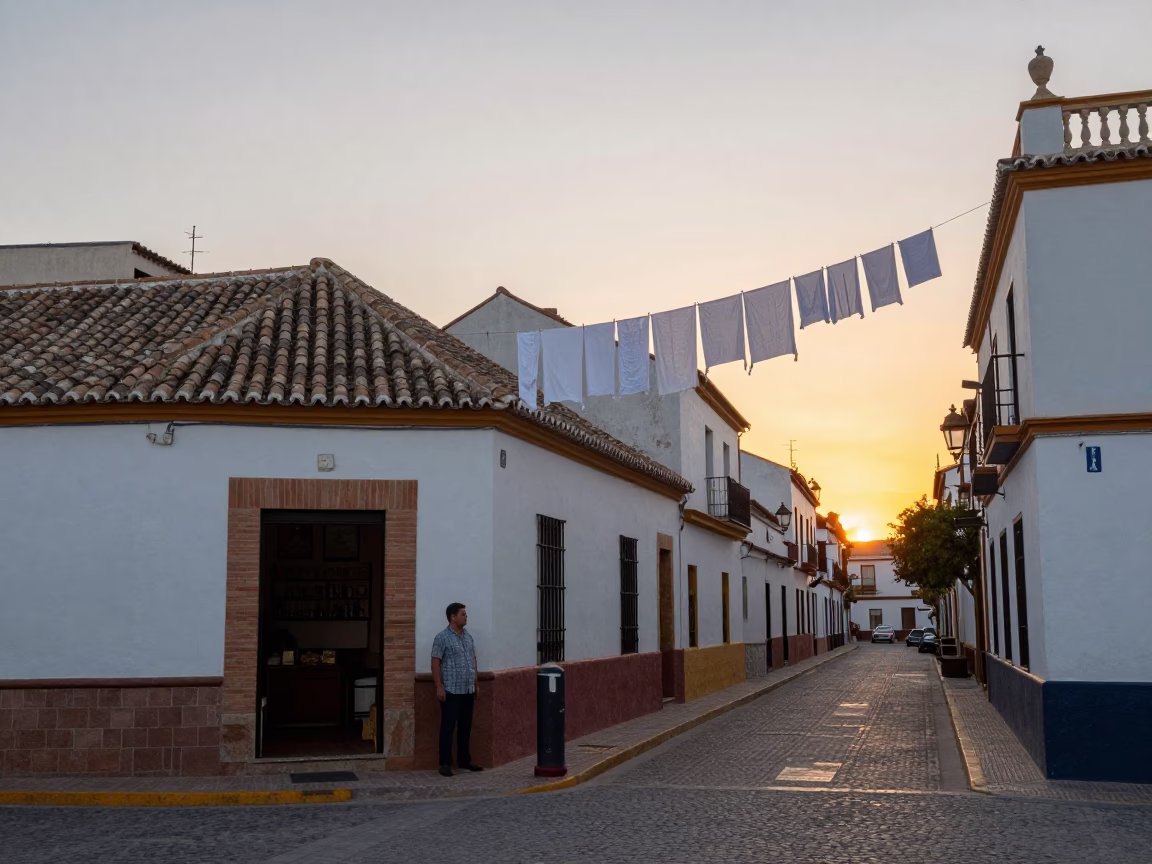 Seville Spain Street Scene at Sunset with Drying Linen and Local Market Activity in in Seville, Spain