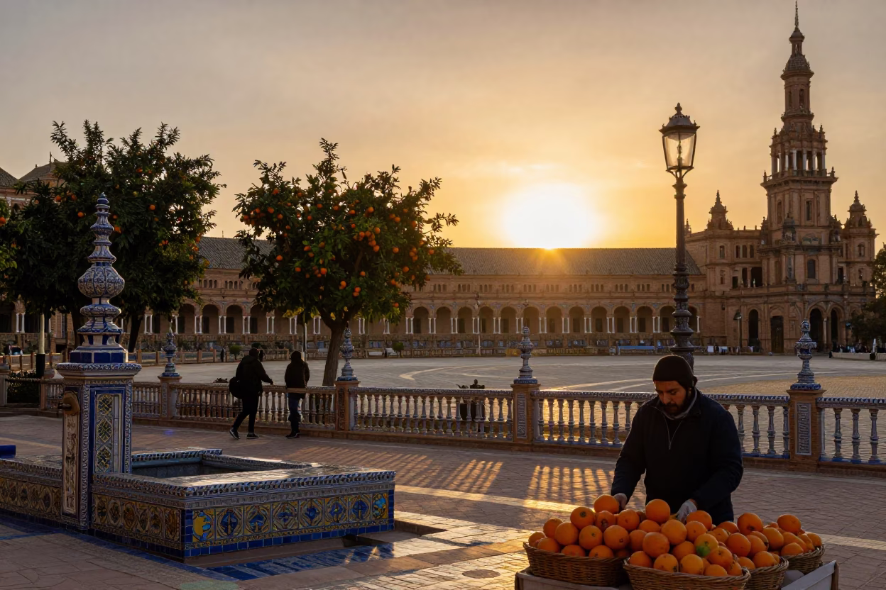 Seville Spain Street Scene at Sunset with Orange Trees and Traditional Architecture in in Seville, Spain