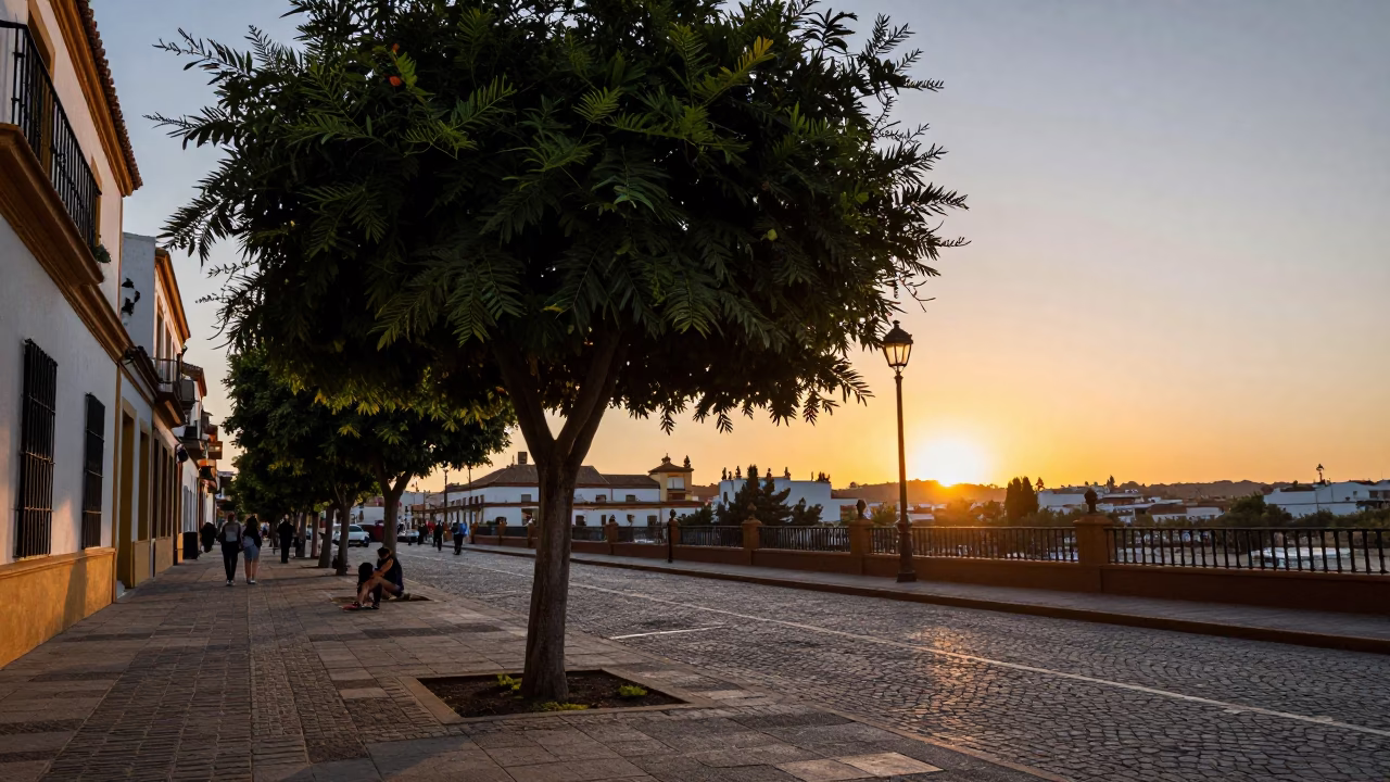 Seville Spain street scene at sunset with tamarind tree and traditional architecture in in Seville, Spain