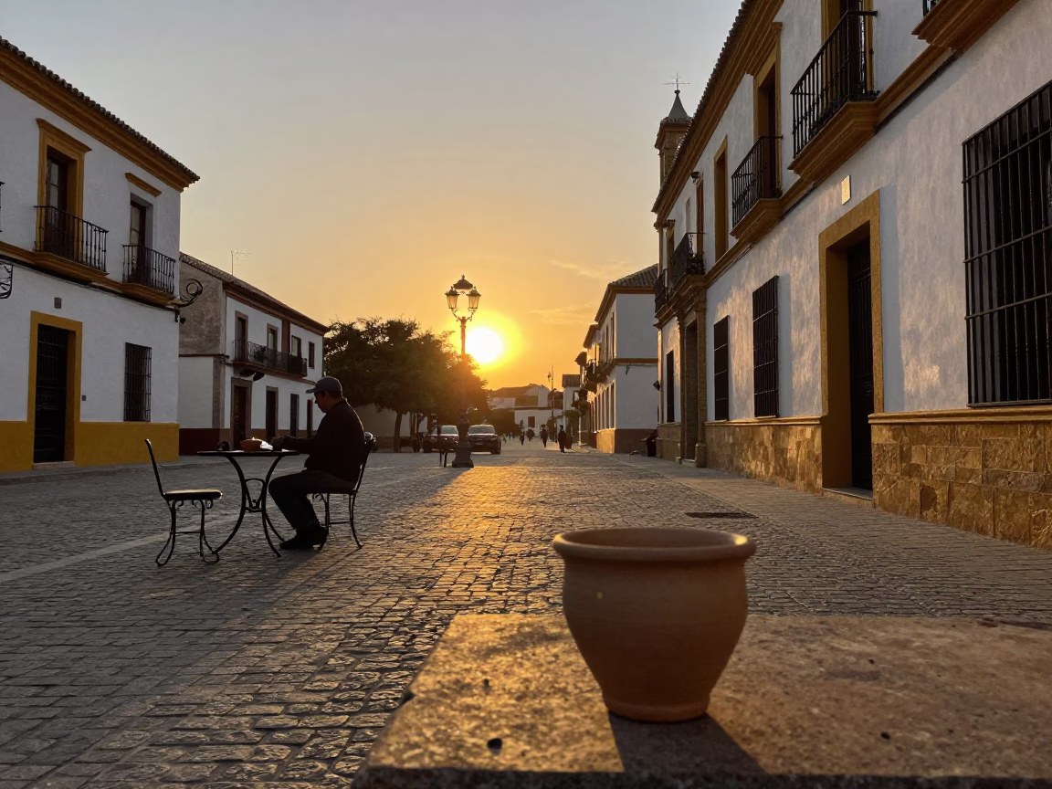 Seville Spain Street Scene at Sunset with Traditional Clay Cup and Local Life in in Seville, Spain