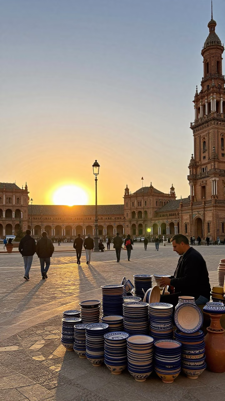 Seville Spain Street Scene at Sunset with Traditional Pottery and Ceramic Plates in in Seville, Spain