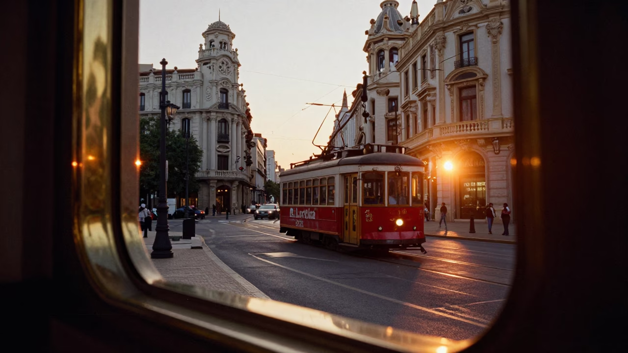 Seville Spain Street Scene at Sunset with Tram and Art Nouveau Architecture in in Seville, Spain