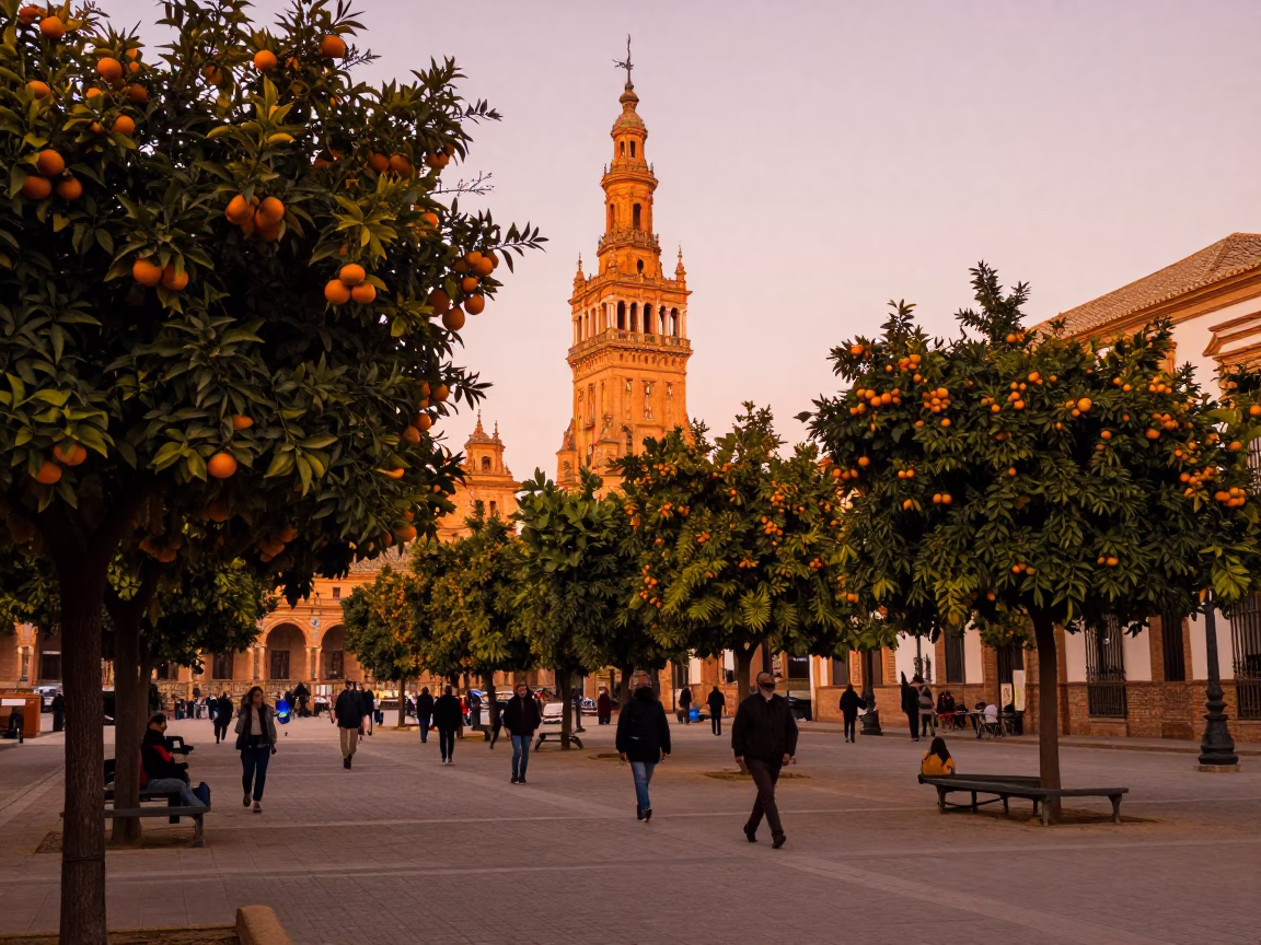 Seville Spain Street Scene Before Dusk with Orange Trees and Local Life in in Seville, Spain