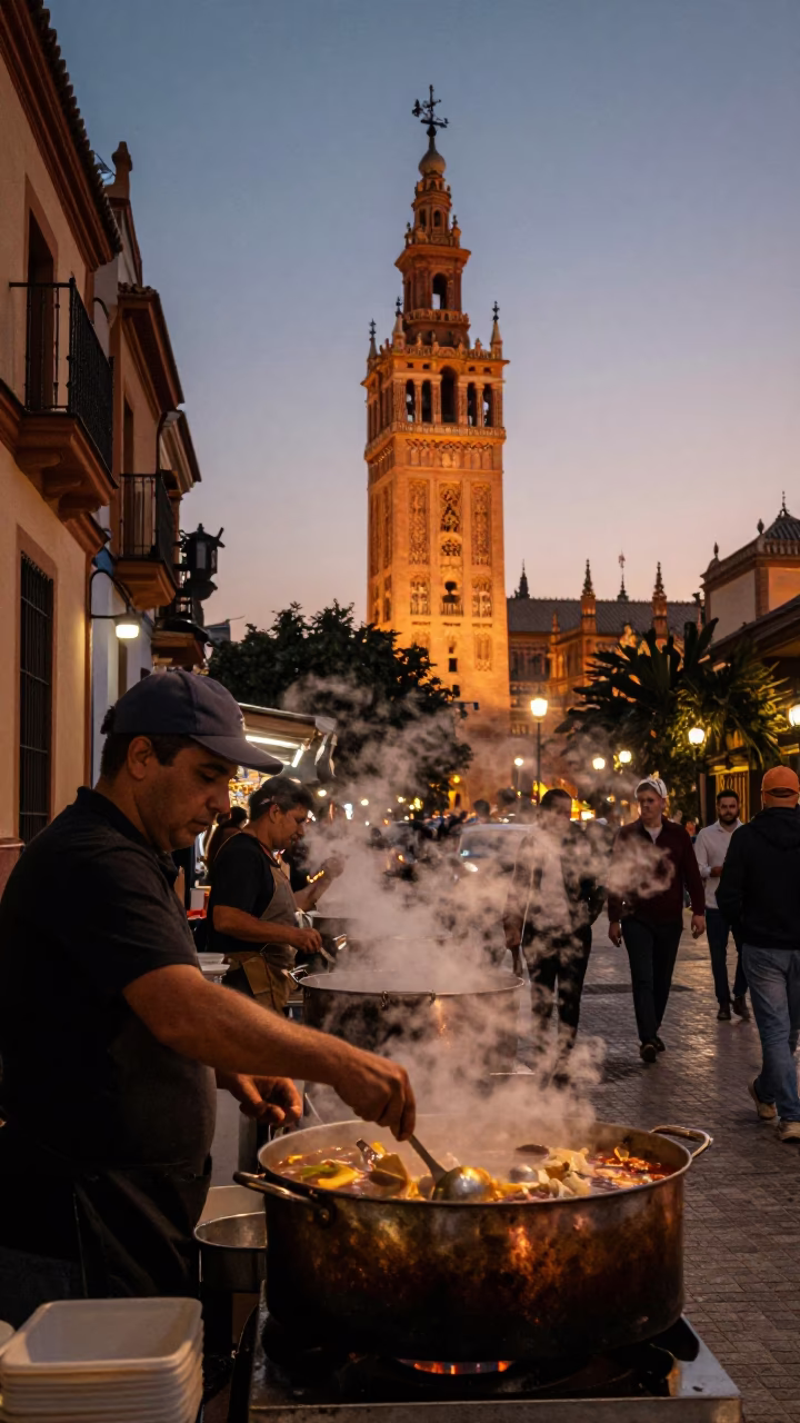 Seville Spain Street Scene Before Dusk with Steaming Hotpot and Brush in in Seville, Spain