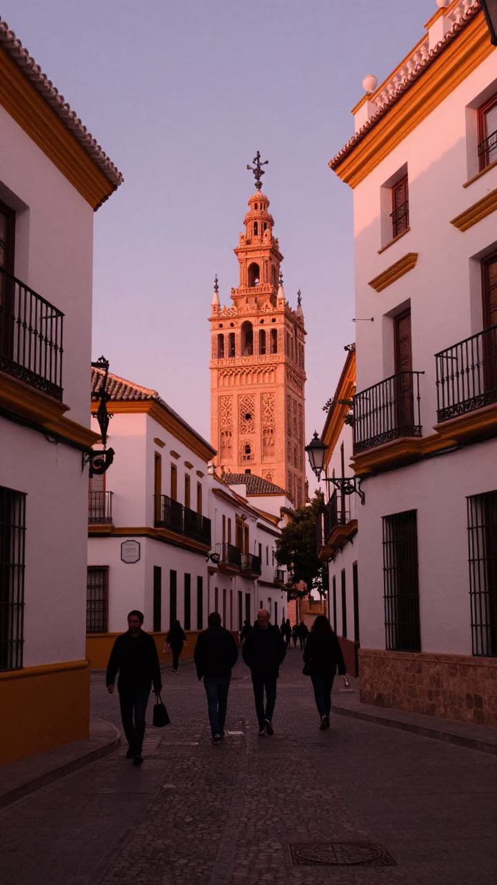 Seville Spain Street Scene Before Dusk with Traditional Architecture and Daily Life in in Seville, Spain