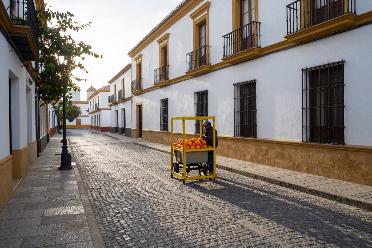 Seville Spain street scene just after sunrise with oranges and bridge maintenance cradle in in Seville, Spain