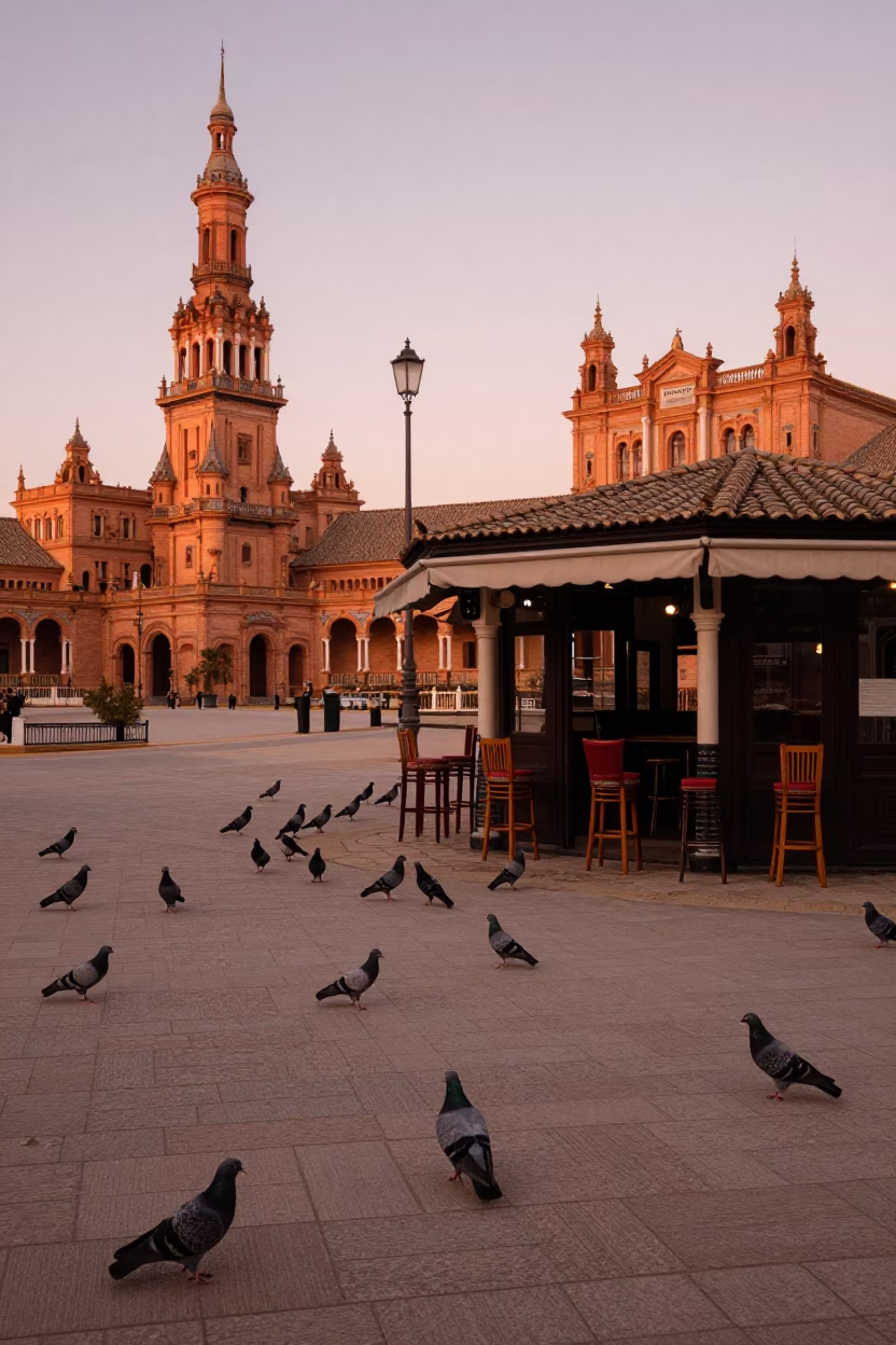Seville Spain street scene with bar stools and pigeons in copper dusk light in in Seville, Spain