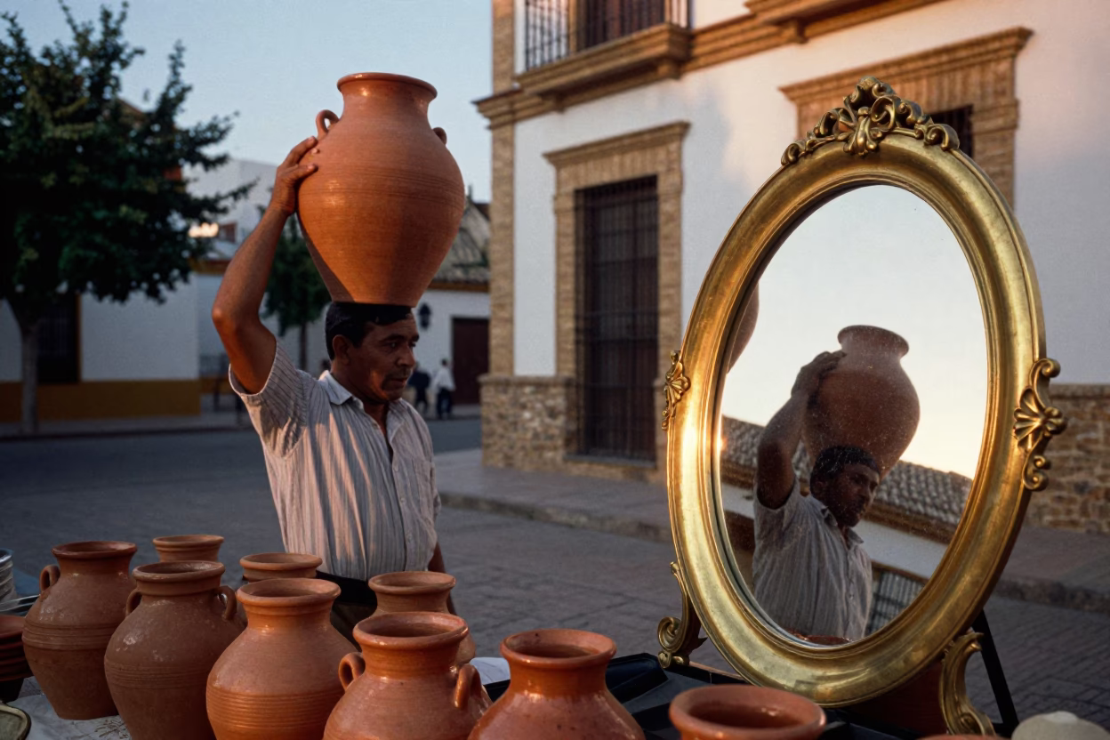 Seville Spain street scene with clay pot and brass mirror in copper dusk light in in Seville, Spain
