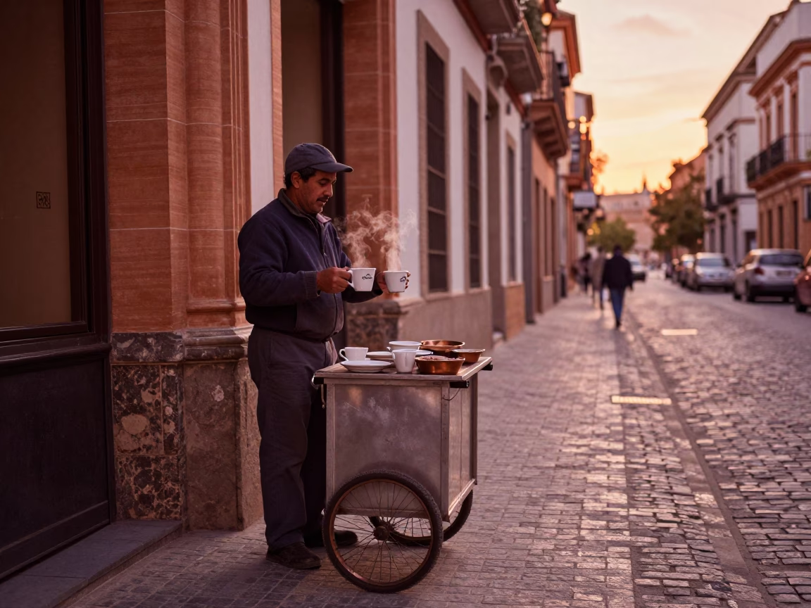 Seville Spain Street Scene with Coffee Mugs in Copper Toned Light Before Dusk in in Seville, Spain