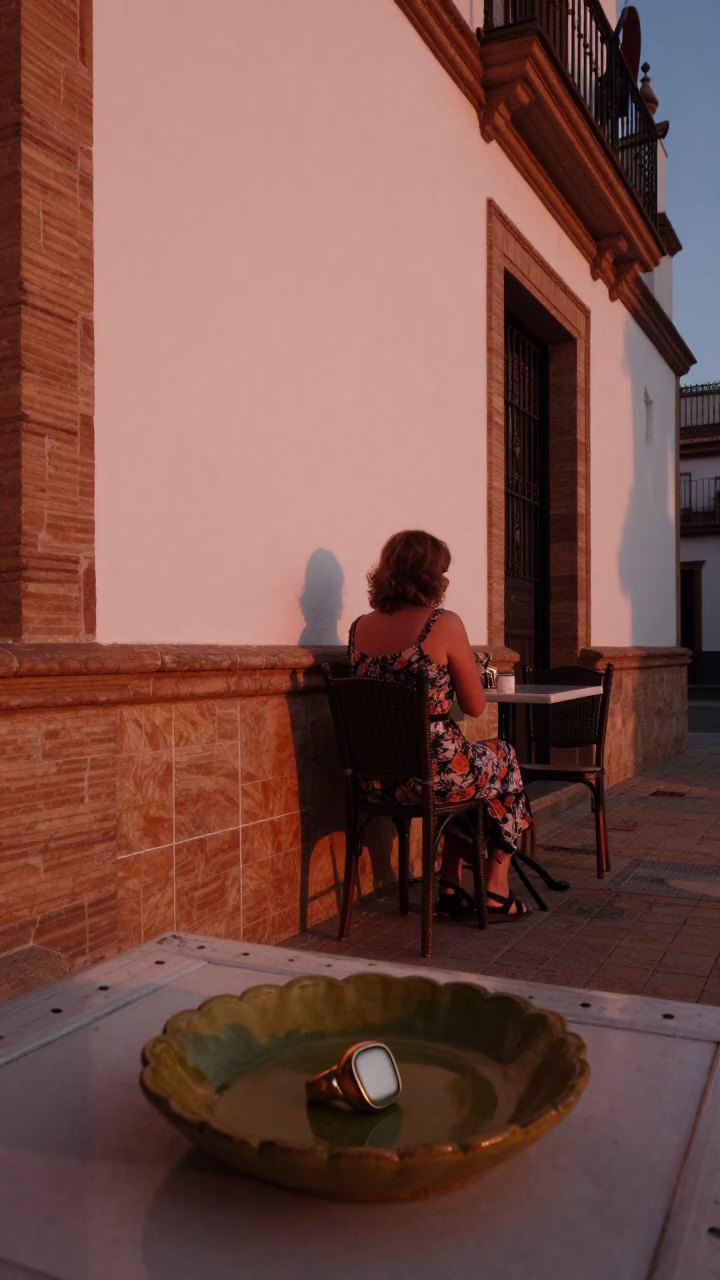 Seville Spain street scene with olive dish and signet ring in copper dusk light in in Seville, Spain