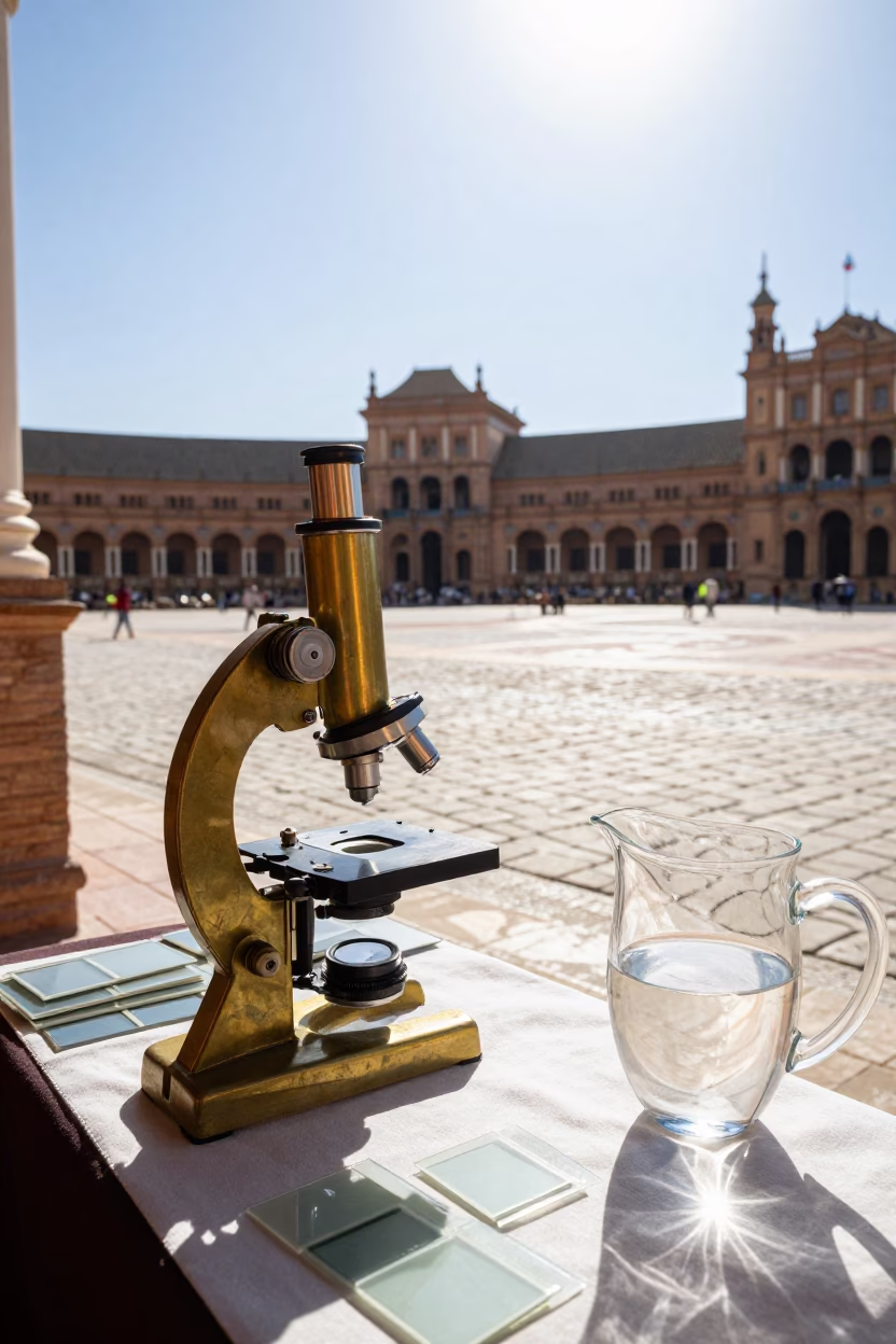 Seville Spain Street Scene with Vintage Brass Microscope and Local Interaction in in Seville, Spain
