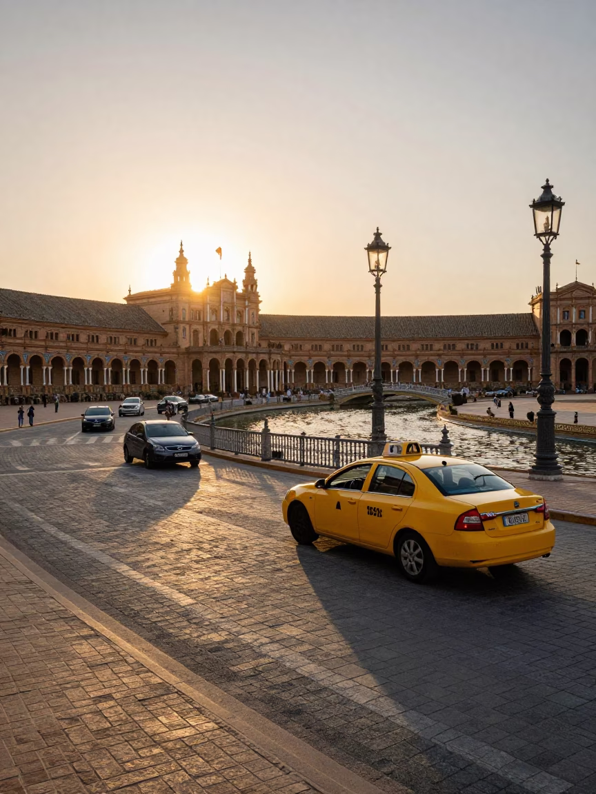 Seville Spain Street Scene with Yellow Taxi and Canal at Sunset in in Seville, Spain