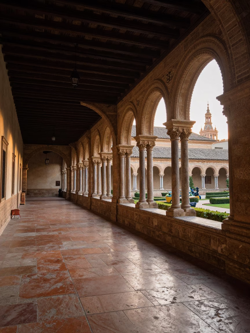 Seville Spain Sunrise Street Scene with University Cloister Walkway and Local Life in in Seville, Spain