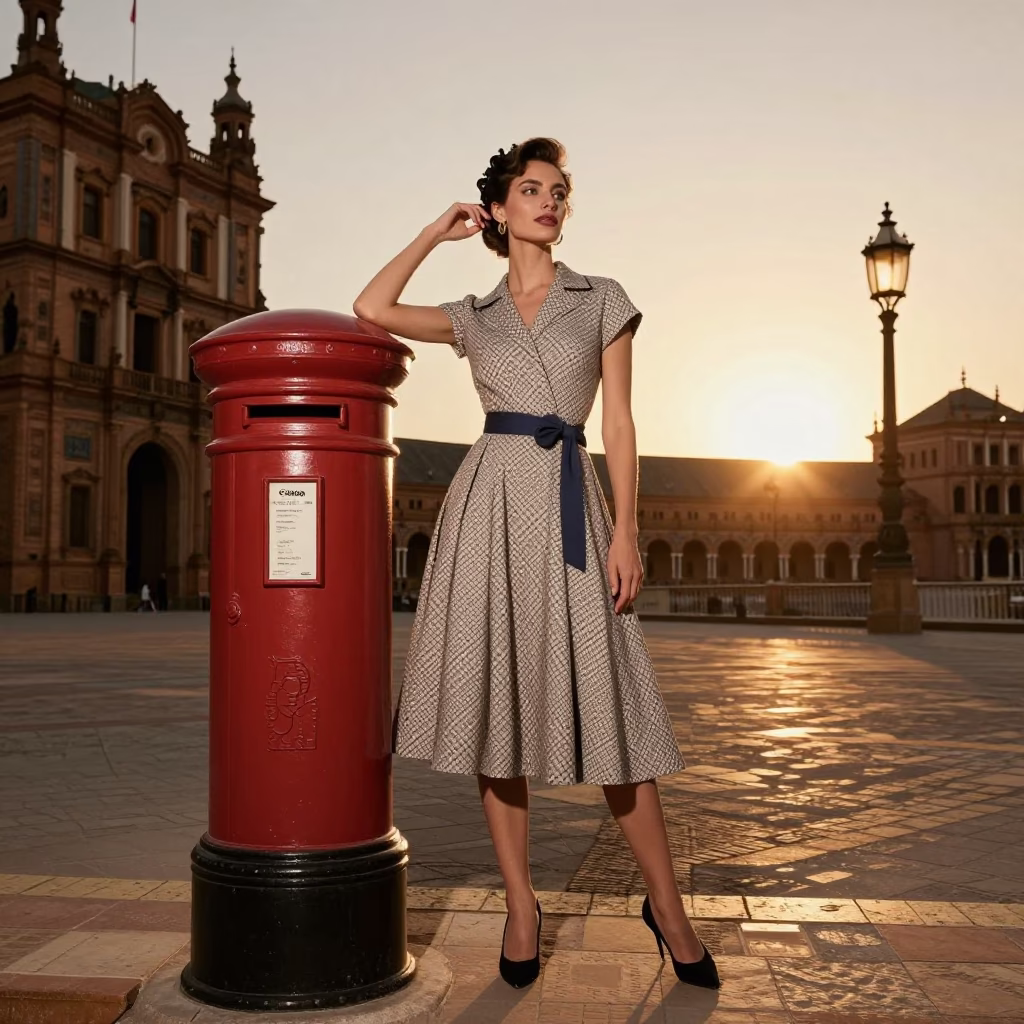 Seville Spain Sunset High Fashion Portrait with Vintage Mailbox and Sunlight in in Seville, Spain
