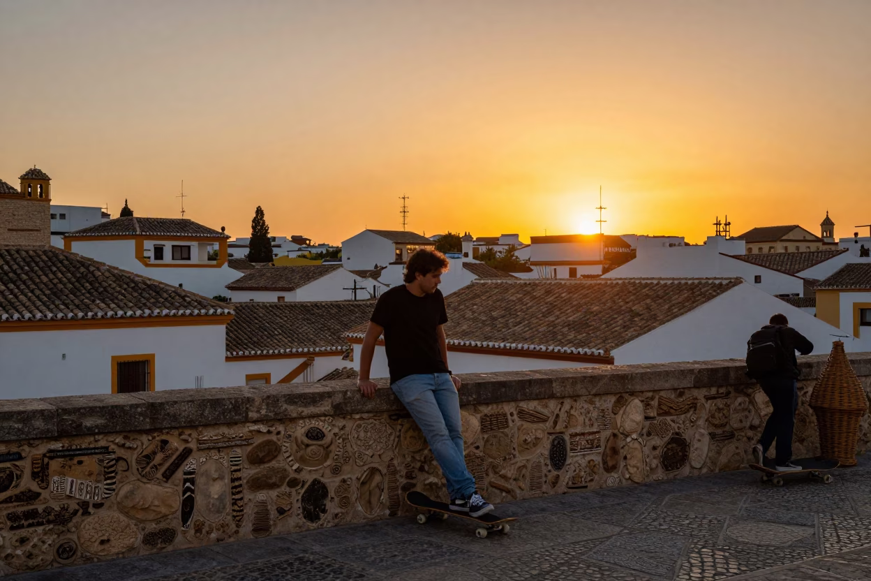 Seville Spain Sunset Horizon Street Scene with Skateboarder and Wicker Shadows in in Seville, Spain