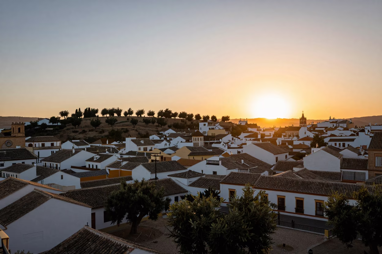 Seville Spain Sunset Horizon View of Traditional Architecture and Olive Trees in in Seville, Spain