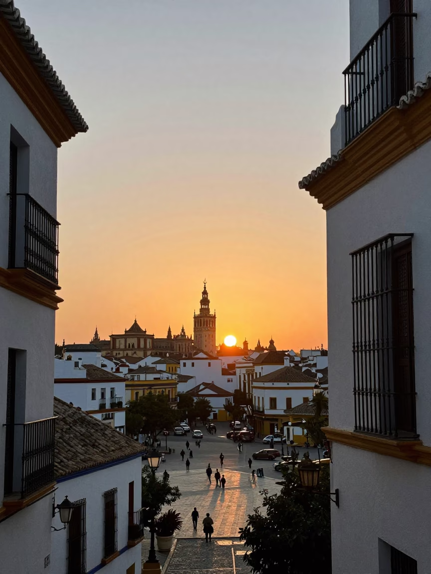 Seville Spain Sunset Horizon View Over Traditional Andalusian Architecture and Plaza in in Seville, Spain