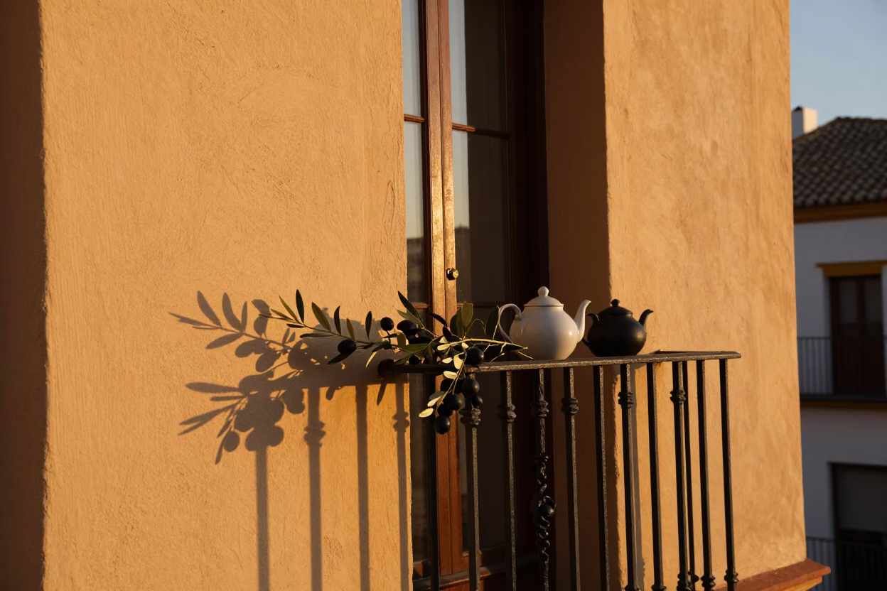 Seville Spain Sunset Olive Branch and Traditional Teapot on Balcony in in Seville, Spain
