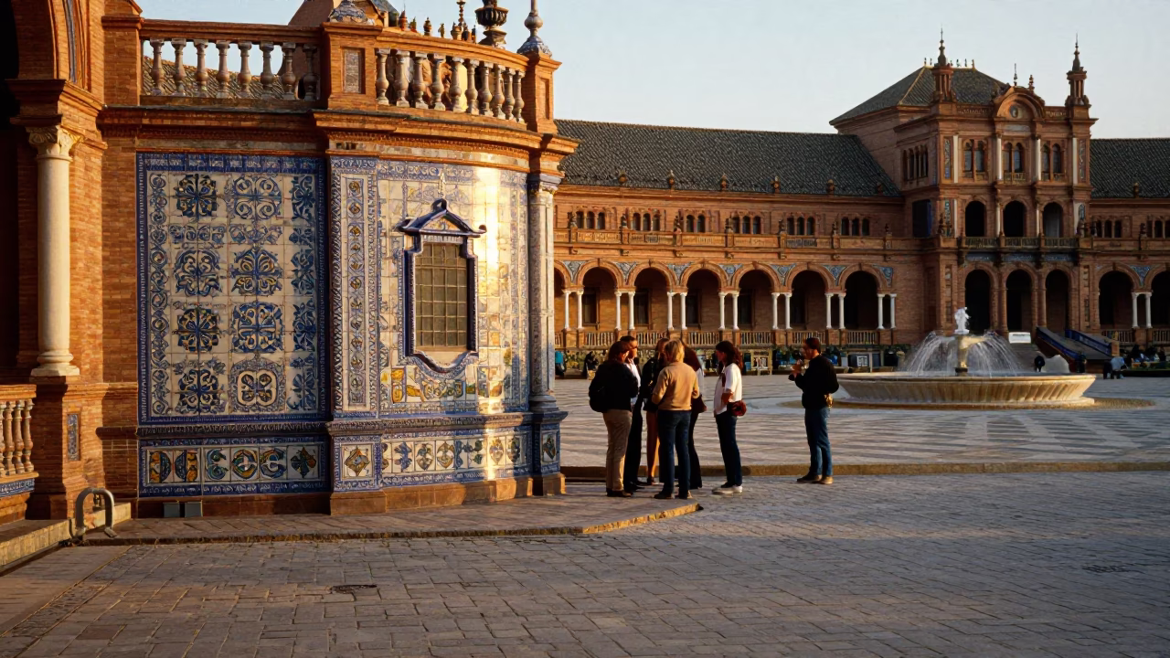 Seville Spain Sunset Plaza Street Scene with Traditional Talavera Tile Architecture and Evening Pedestrians in in Seville, Spain
