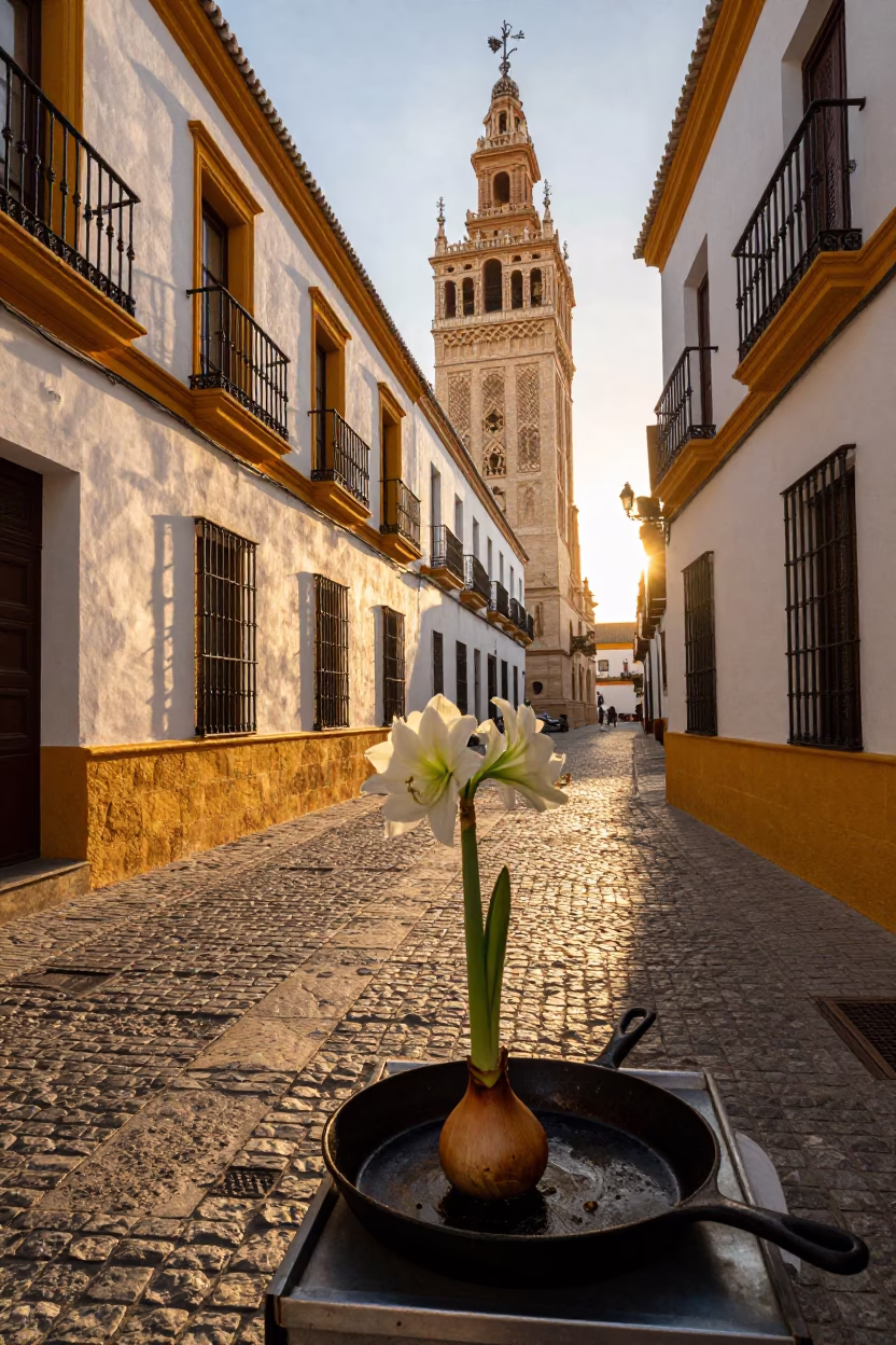 Seville Spain Sunset Street Scene with Amaryllis Bulb and Skillet in in Seville, Spain