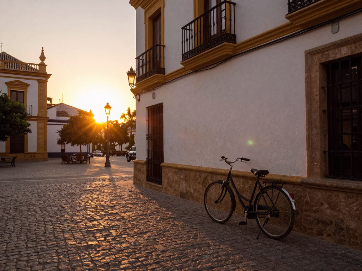 Seville Spain Sunset Street Scene with Bicycle and Traditional Architecture in in Seville, Spain